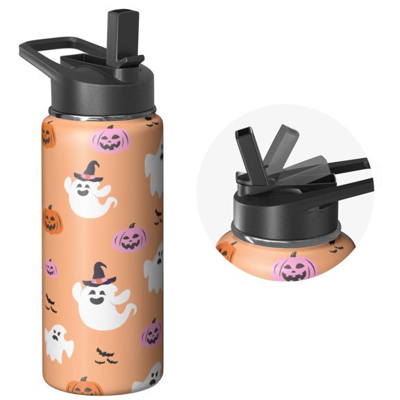 Cute Halloween Tumbler 18oz with Lid and Straw – Double Wall Stainless Steel Insulated Mug – Pumpkin Ghost Witch Design – Fall Holiday Gift for Women Men