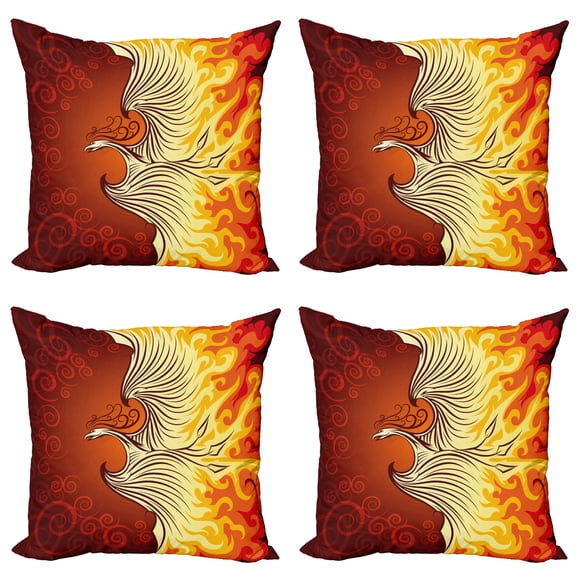 Ambesonne Orange Throw Pillow Cover 4 Pack, Phoenix Bird in Warm Tones, 18", Orange and Yellow