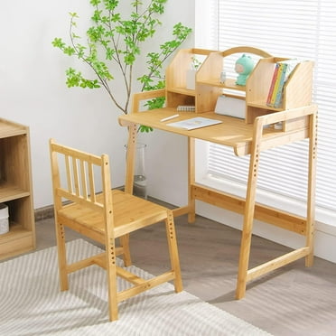 MiSHOP - Bamboo Height Adjustable Kids Desk and Chair Set, Children Desk, Kids Study Table and Chair Set (Nature 01)