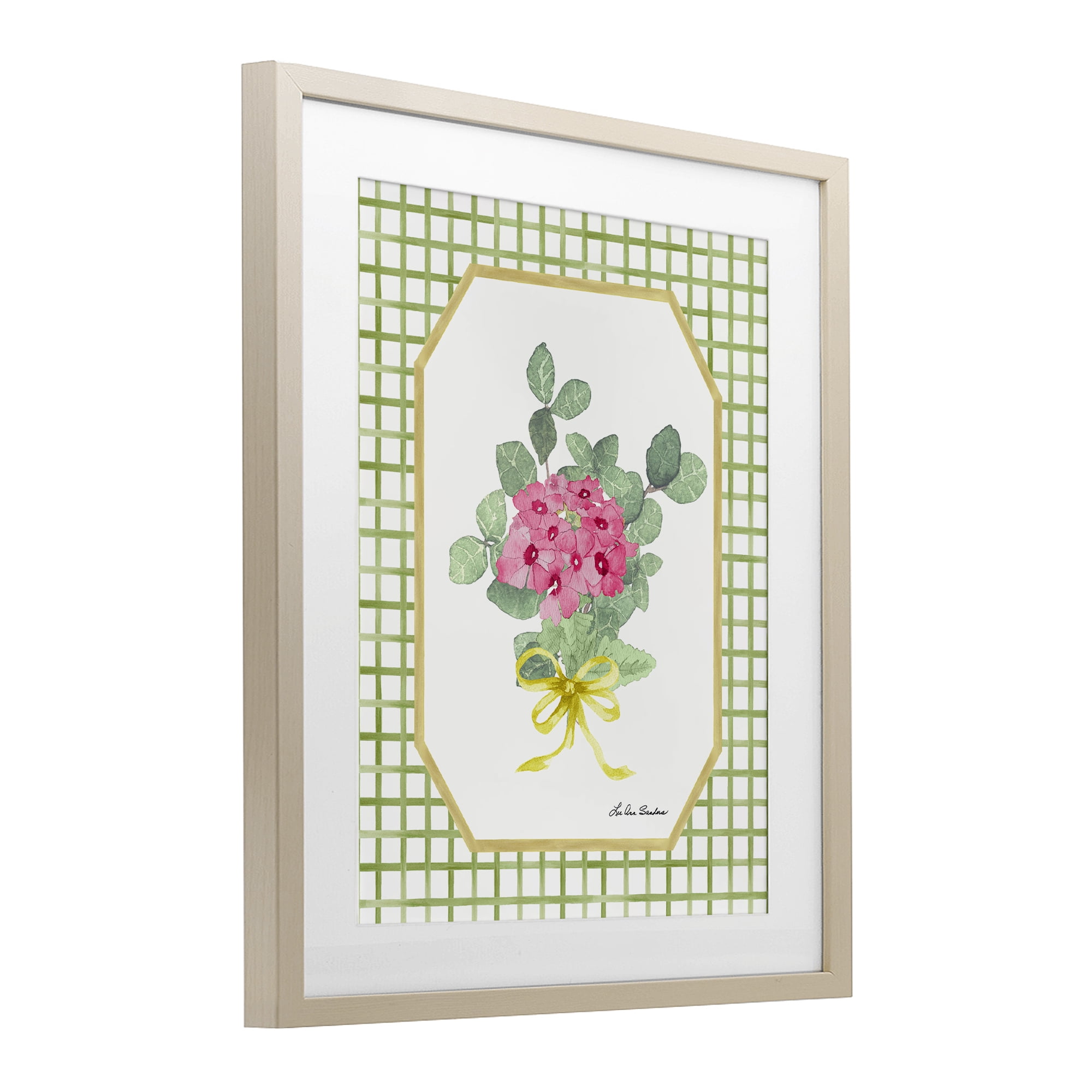 Botanical Story on Grid Pattern Birch Framed Print Under Glass, design by Lee Ann Sanders