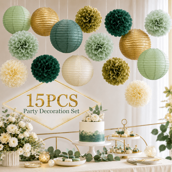 MEYRKLOE 15 Pack Sage Green Party Decorations, Paper Lanterns and Pom Poms Flowers, 8 & 10 Inch Hanging Decor for Birthday, Wedding and Garden Party