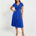 thumbnail image 4 of Erwazi Dresses for Women Solid V Neck Short Sleeve Dress Belt Waist Trendy Outdoor Everyday Summer Casual Wear Midi Dresses, 4 of 6