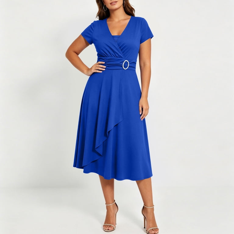 Summer Dresses for Women Dqueduo Fashion Women Summer Short Sleeve High Waist Dresses Solid Color Blue L