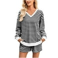 thumbnail image 2 of Heisall Two Piece Sets for Women Striped Print V Neck Long Sleeve Tops and Shorts with Pockets Casual Lounge Vacation Travel Outfits, 2 of 8