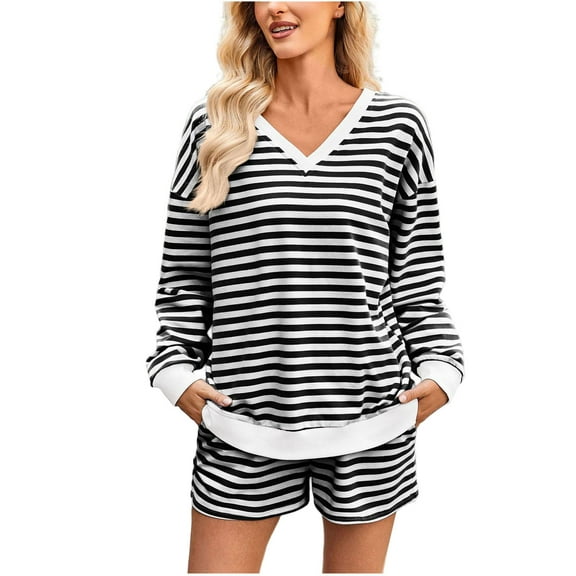 Enjoytime Travel Outfits for Women Striped Print V-Neck Long Sleeve Blouse Elastic Waist Shorts Two Piece Set Fashion Casual Loose Loungewear Black XL