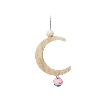 Conure Finches Natural Moon Shape Hanging Wooden Hammock with Bells Parrot Swing Perch Stand Bird Chew Toy A SMALL