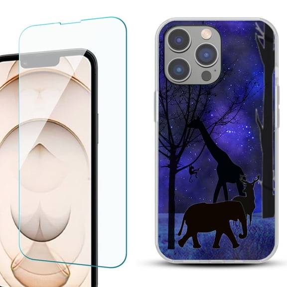 Slim-Fit Gel TPU Phone Case for iPhone 14 Pro, with Tempered Glass Screen Protector, by OneToughShield ® - Midnight Safari