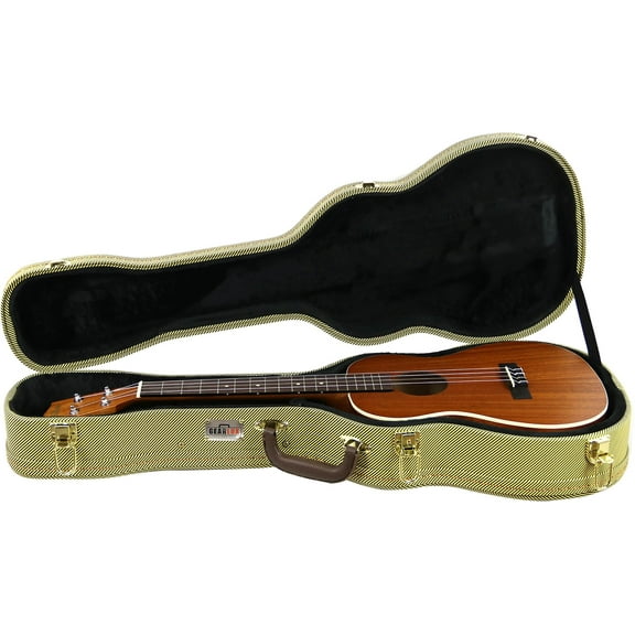 Gearlux Wooden Baritone Ukulele Case with Exterior Lock and Key, PVC Handle, and Plush Interior Padding - Tweed