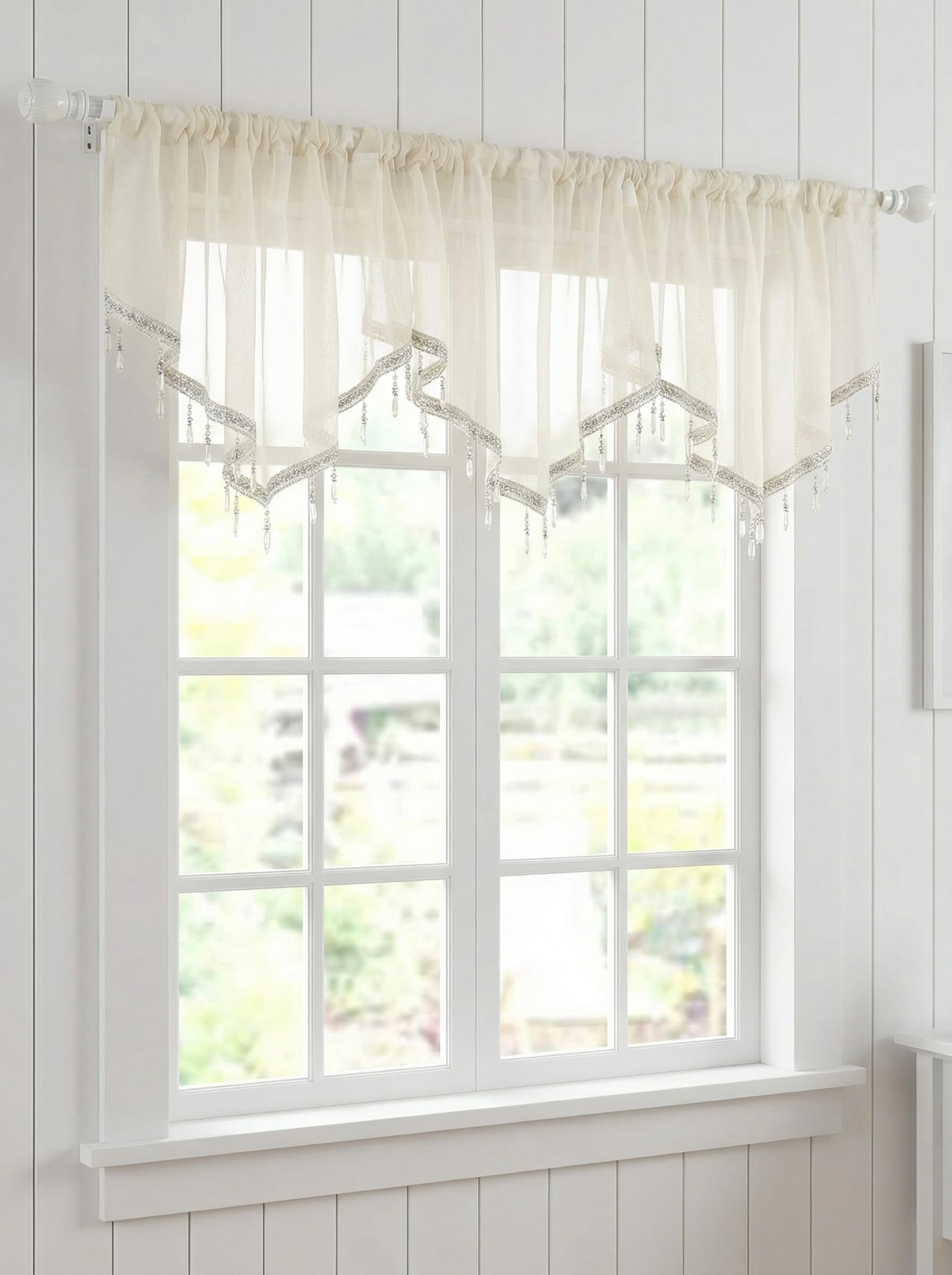 Swag Curtain Rod Pocket Scalloped Valance Sheer Lace Panel with Hanging Crystal Beads for Kitchen Bedroom Window Treatment Drape Decor 51x23 Inch White