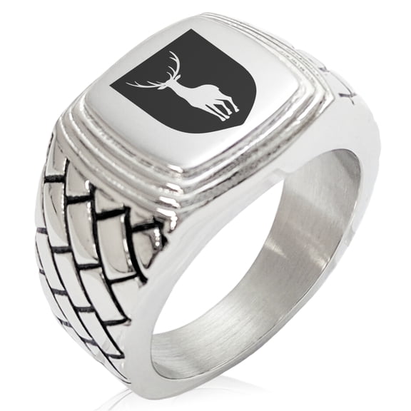 Stainless Steel Stag Purity Coat of Arms Shield Geometric Pattern Step-Down Biker Style Polished Ring