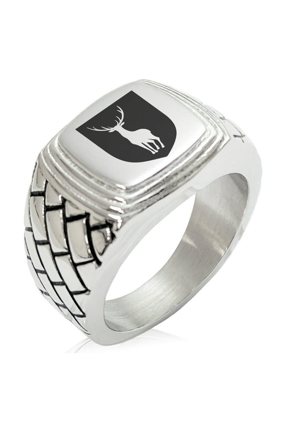 Stainless Steel Stag Purity Coat of Arms Shield Geometric Pattern Step-Down Biker Style Polished Ring