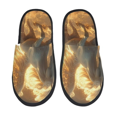 Balery Golden Winged White Horse Slient Indoor Furry Fleece Comfort House Shoes Soft Non-Slip Home Shoes Cotton slippers House Slippers-- Medium