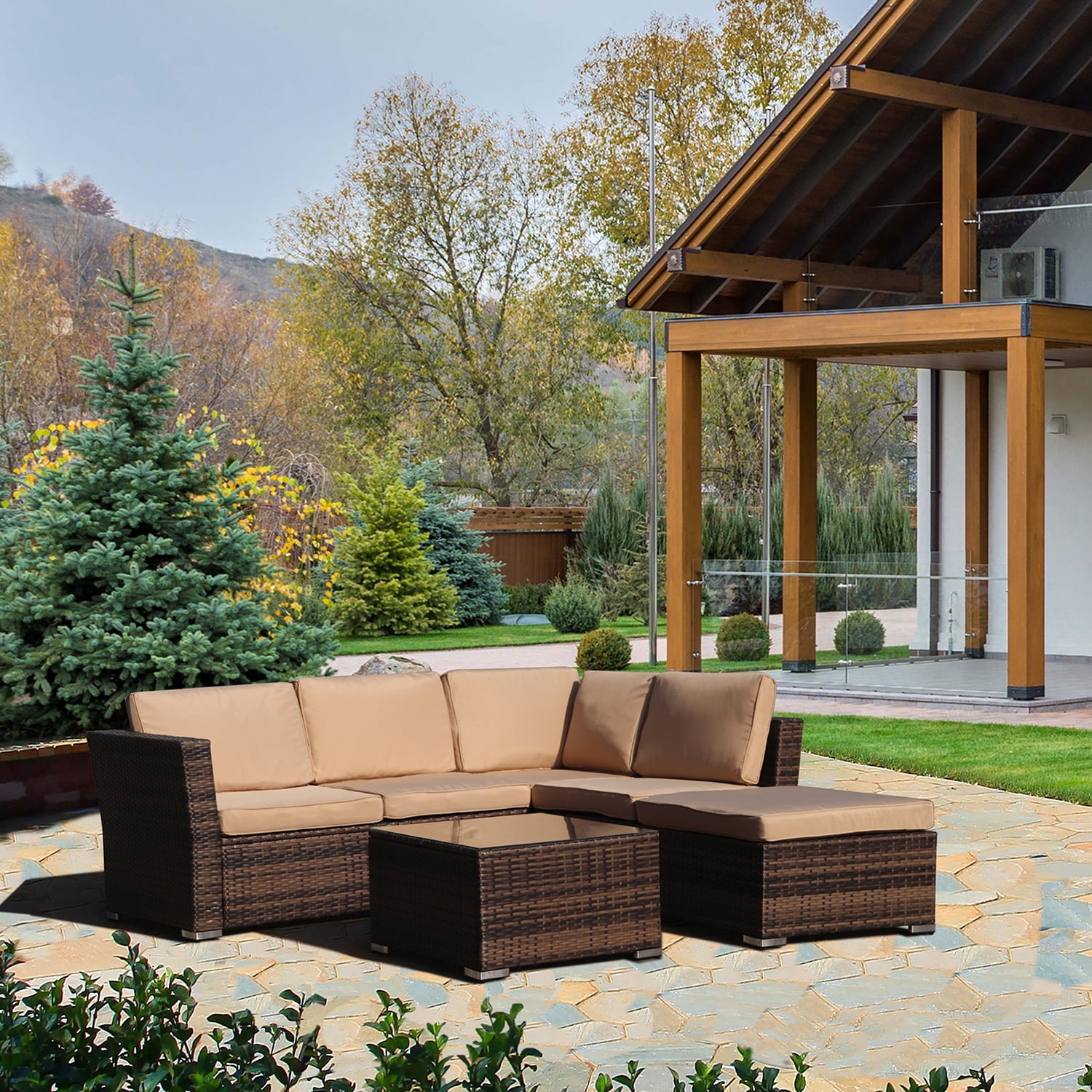 Kepooman 4-Piece Patio Wicker Furniture Set, Outdoor Rattan Sectional Sofa with Tempered Glass Table Kepooman 4-Piece Patio Wicker Furniture Set, Outdoor Rattan Sectional Sofa with Tempered Glass Table