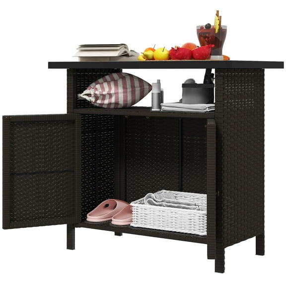 Homiyad Wicker Outdoor Storage Cabinet with Two Doors and Shelf for Outdoor Pool Towel Storage, Dark Coffee