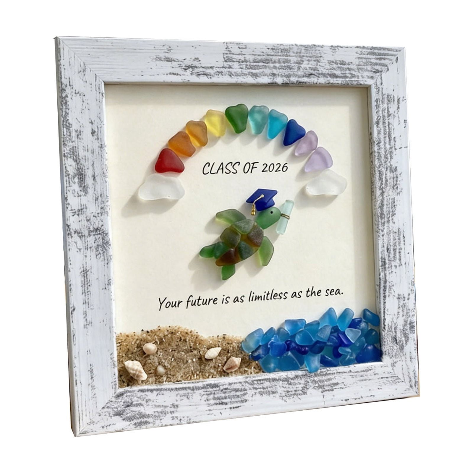 Tusihei 2Pcs Sea Glass Graduation Art, Graduation Keepsake Gift, Graduation Keepsakes Frame with Rainbow Turtle Cap Coastal Decor for Women Men Graduates
