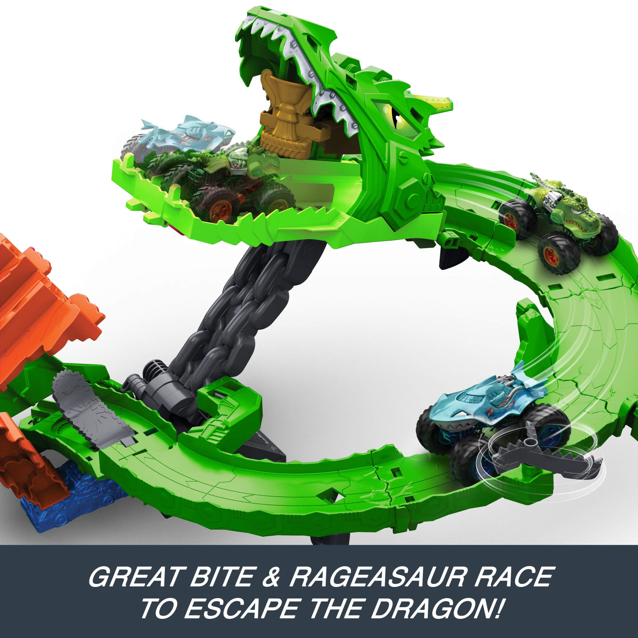 Hot Wheels Monster Trucks Sharks vs. Dinos Dragon Destruction Playset & 2 Toy Trucks