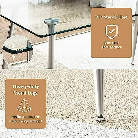 Moccha 51” Glass Dining Table, Modern Rectangular Table with Spacious Tempered Glass Tabletop & Sliver Metal Legs, Adjustable Foot Pads, Transparent Kitchen Table for Home Office