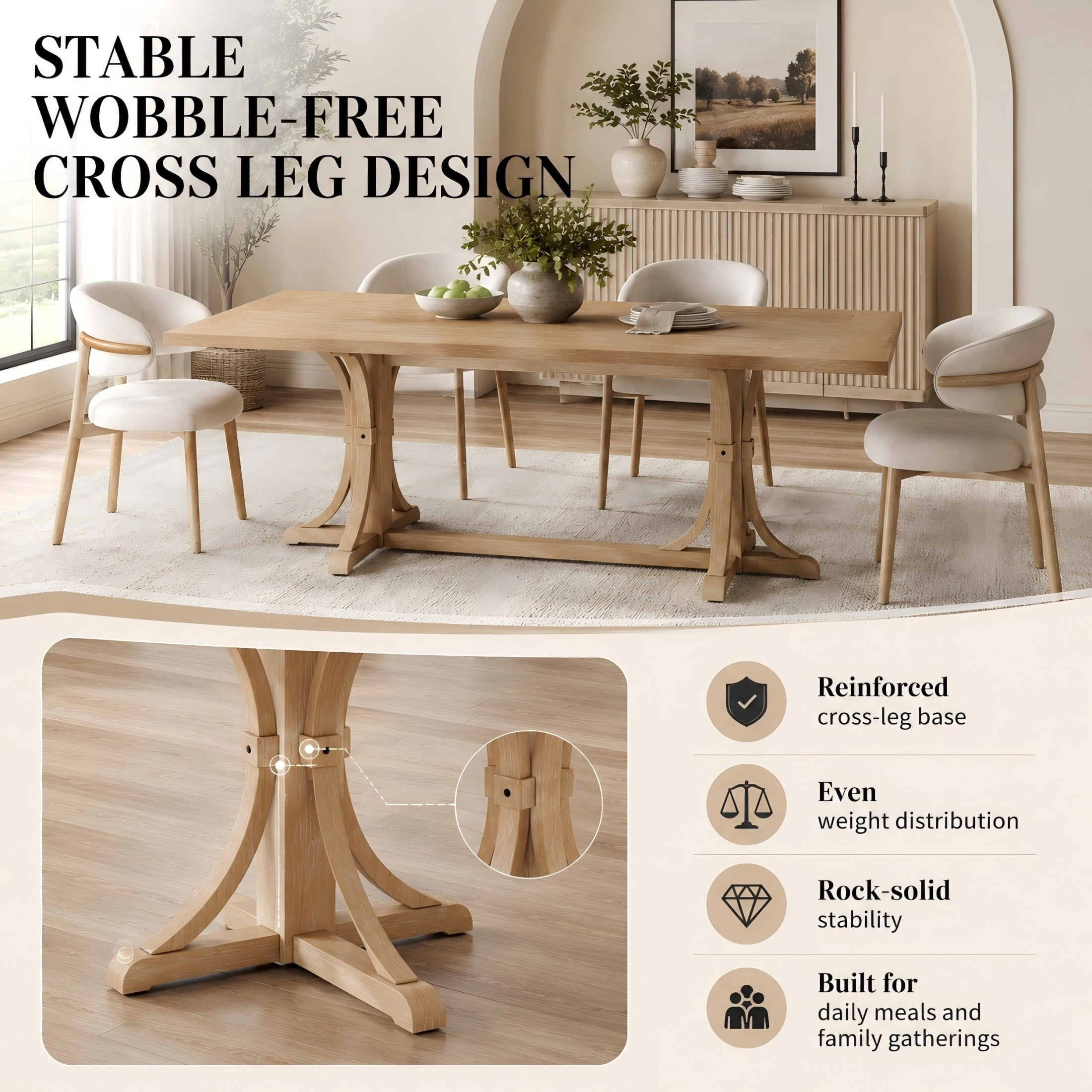 Aukfa 60" Solid Wood Farmhouse Dining Table for 6, Natural Oak Kitchen Table with Trestle Base, Natural