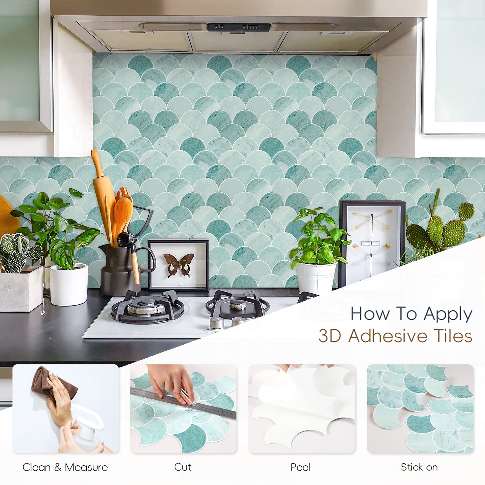 Peel and Stick Backsplash Fish Scale Tile, Removable Renter Friendly Backsplash 3D Adhesive Stick on Wall Tiles for Kitchen Bathroom (10 Sheets, Marble Green)
