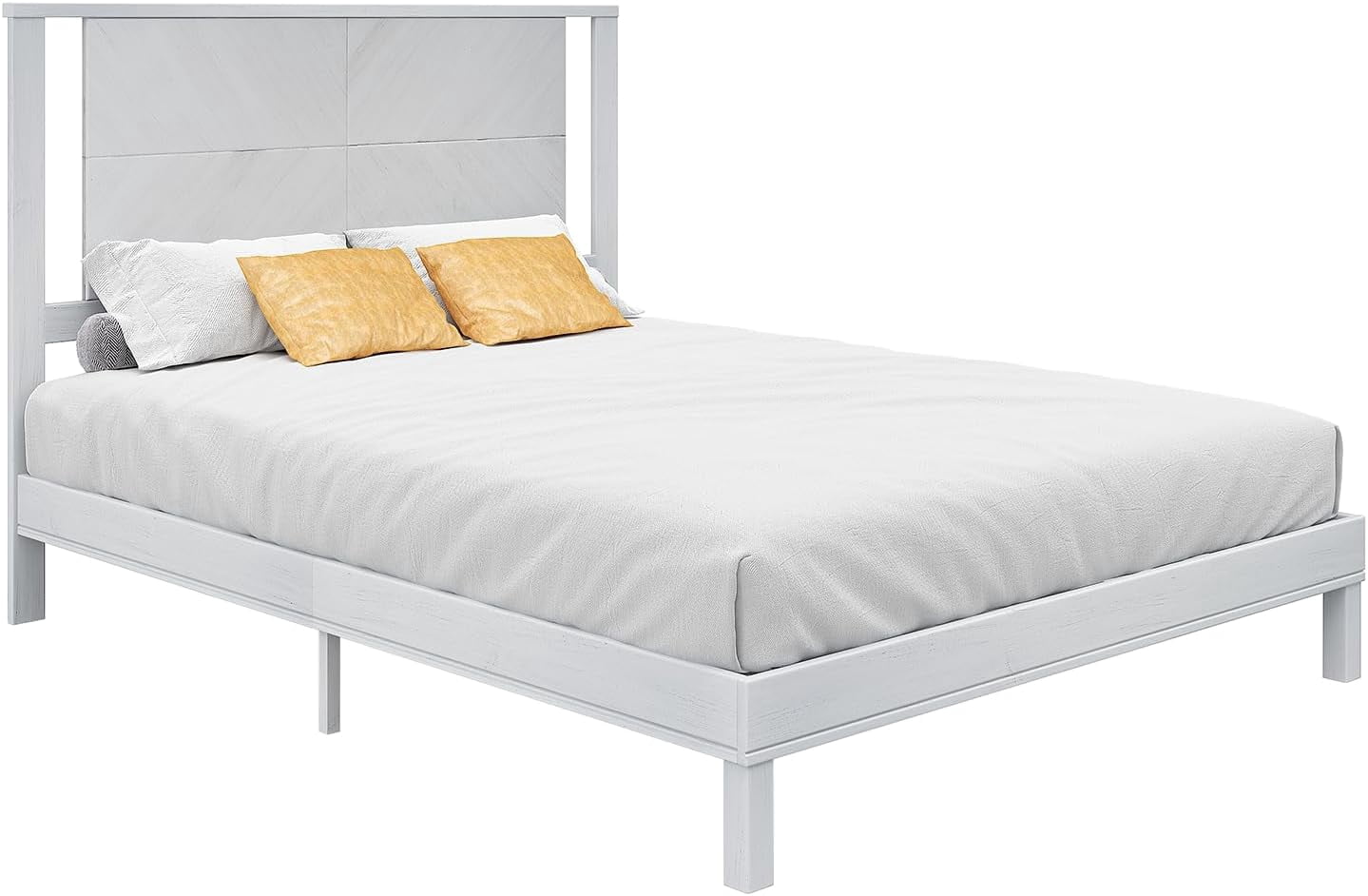 LUXOAK Solid Wood Queen Size Bed Frame with Easy Assembly & Storage Space, Antique White