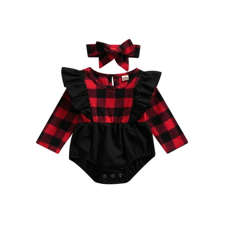 

Meihuida Baby Girls Clothes Set Plaid Print Long Sleeve Romper and Headdress