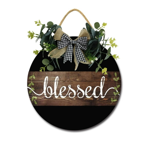 Blessed Front Door Sign Funny Wreaths Hanging Wooden Plaque Decoration Round Rustic Wood Farmhouse Porch Decor for Home Front Door Decor, 11 x 11 Inch