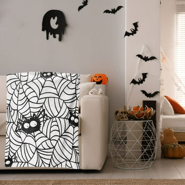 Manta de Halloween - manta de telaraña y franela de calabaza, 120x80cm, blanca, 100% poliéster, suave y acogedora para sofá, cama y decoración del salón