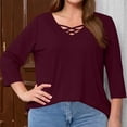 thumbnail image 3 of ABATAB Oversized Shirts for Women Casual Fall Criss Cross 3/4 Length Sleeve Tops Loose Fit Solid Color Lightweight Pullover(X-Large,Wine), 3 of 6