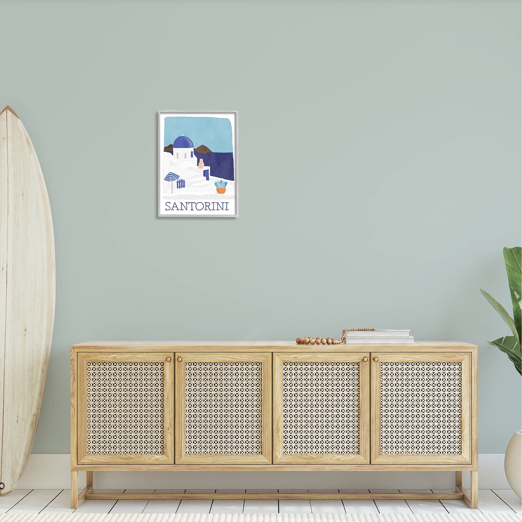 Santorini Vacation Island View Landscape Graphic Art Gray Framed Art Print Wall Art