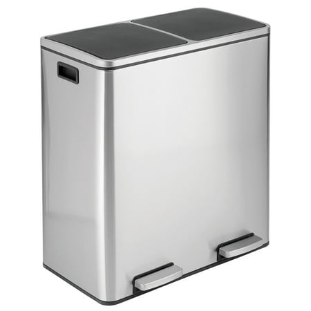 mDesign Metal Steel 16 Gallon/60L  Large Dual Compartment Step Trash Can; Double Bin Trashcan/Recycler Combo for Kitchen; for Garbage  Recycling; Features Two Removable Liner Buckets - Brushed/Chrome