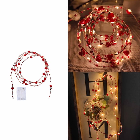 Heart Shaped Beaded Garland String Lights Battery Operated 10Ft Red Fairy Lights For Valentine's Day Wedding Bedroom Party Indoor Decor-30 Head(9.84Ft))