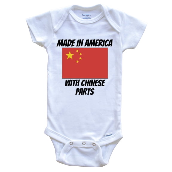 Made In America With Chinese Parts China Flag Funny Baby Bodysuit - Cute One Piece Baby Bodysuit, 0-3 Months White