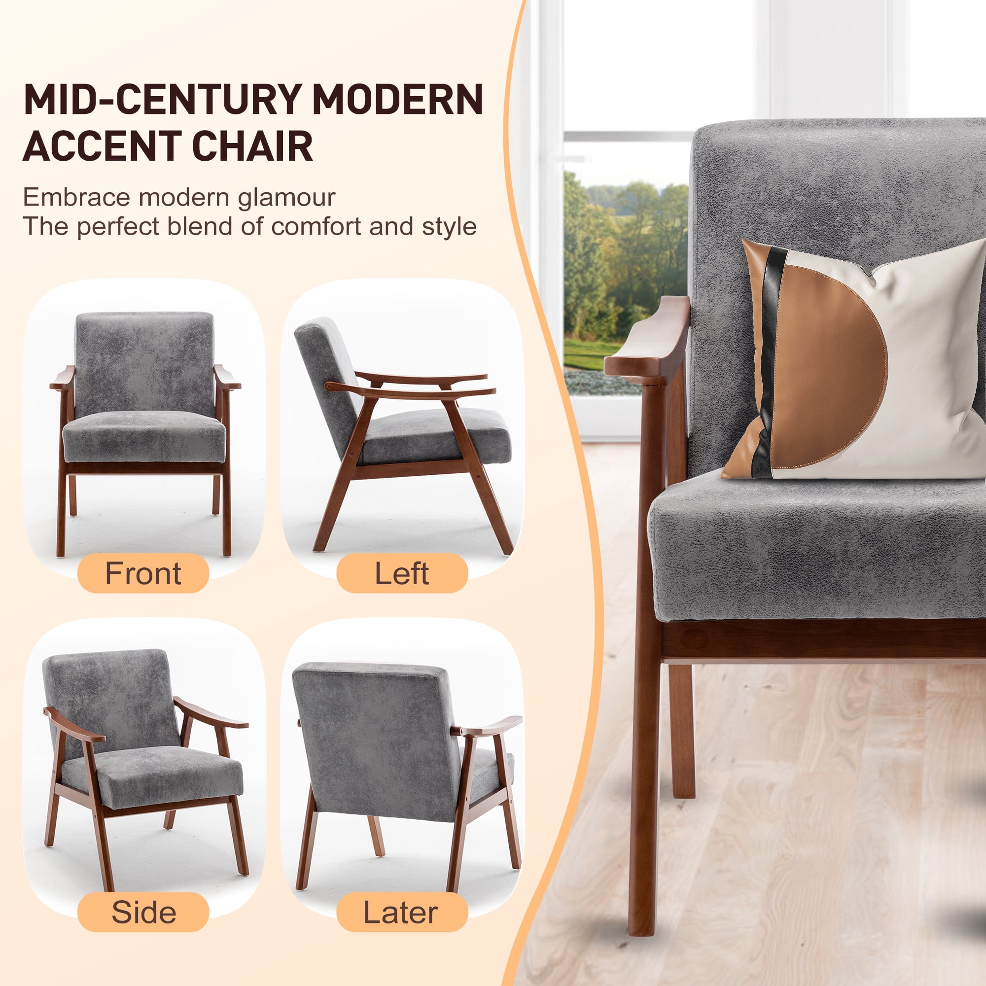 Homy Casa Mid-Century Accent Chair，Armchair for Living Room and Reading Nook, Gray