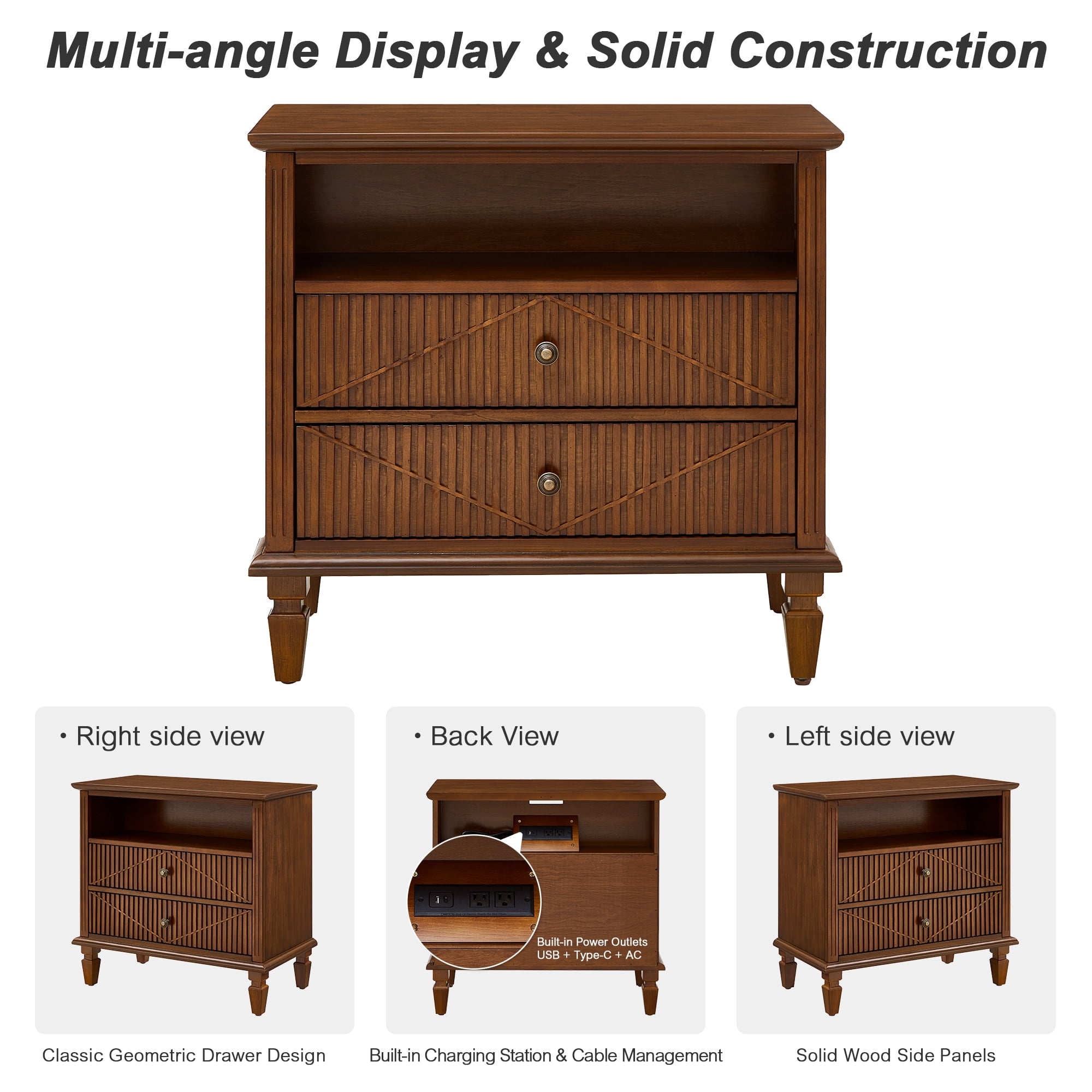 GARITIN Farmhouse Nightstand with Charging Station, 2-Drawer Engineered Wood Storage Cabinet, Bedside Table for Bedroom Guest Room, Walnut