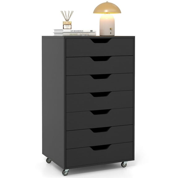 Barara King 7-Drawer Chest Wooden Organizer Storage Cart with Lockable Wheels, Mobile Shelving Unit for Home Office, Living Room, Entryway, Black