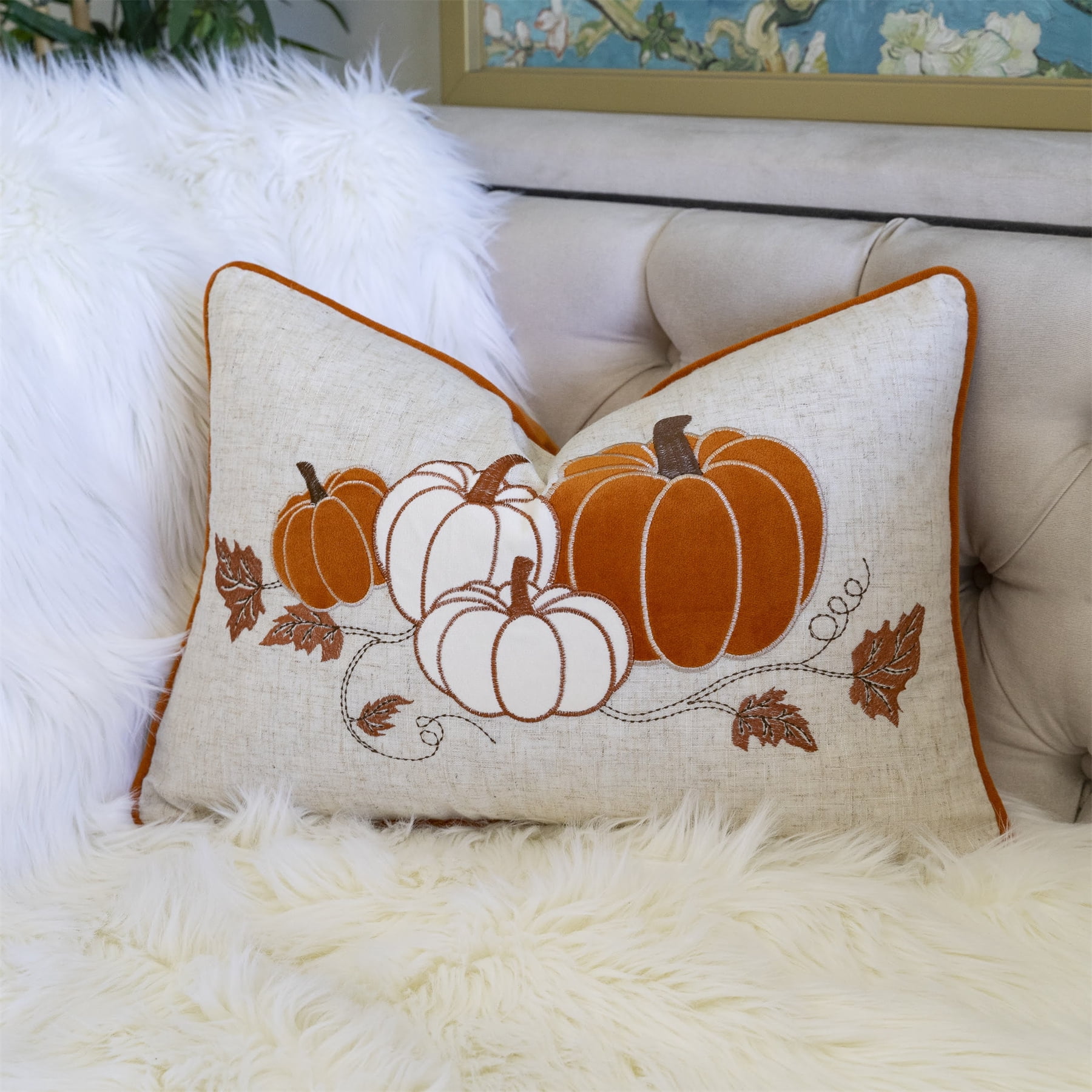 Holiday Harvest Spice Embroidered Pumpkin Graphic Polyester 14 in. x 20 in. Decorative Throw Pillow