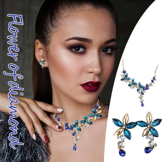 Topwholesalejewel Rhinestone Flower Jewelry Set - Necklace, Earrings & Bracelet, Silver Tone