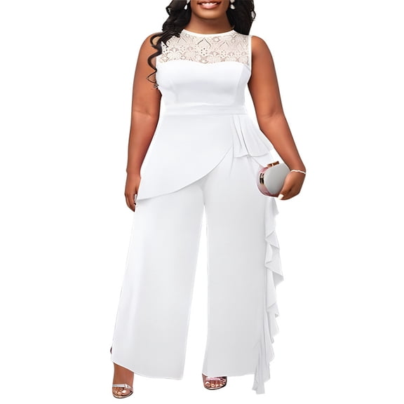 AURA Women Plus Size Jumpsuit Sleeveless Lace Trim High Waist Straight Leg Casual Work Outfit