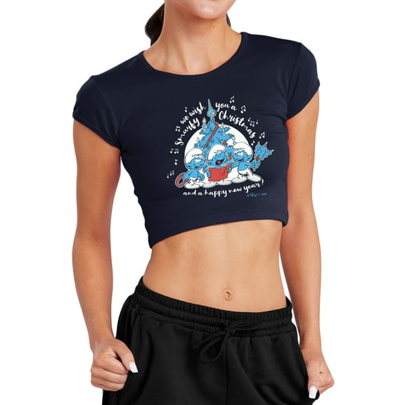 Smurfs Smurfy Christmas Carols Women's Cap Sleeve Baby Rib Crop Top, Navy, Small