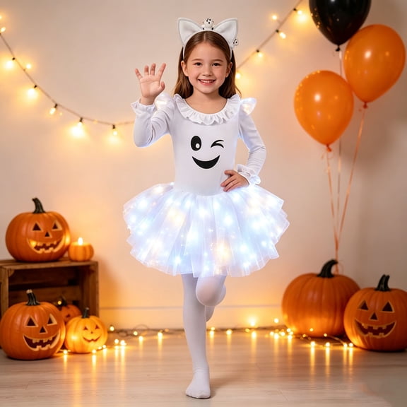 RUTAYY Girls 6 Piece Halloween Outfit Set Ruffle Collar Long Sleeve Ghost Print Tops Light Up Tulle Tutu Skirt Ghost Ear Headband Tail Footed Tights Party Playwear White