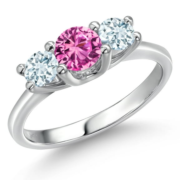 Gem Stone King 14K White Gold Pink Created Sapphire & Sky Blue Aquamarine 3-Stone Engagement Ring | 1.05 Cttw | Round 5MM and 4MM | Three Stone Wedding Anniversary Promise Ring for Women (Size 6)