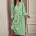 thumbnail image 2 of Gibobby Vestido Casual para Mujer Otoño mujer manga larga color sólido cuello en V vestido casual swing vestido de fiesta con cinturón(AG,G), 2 of 5