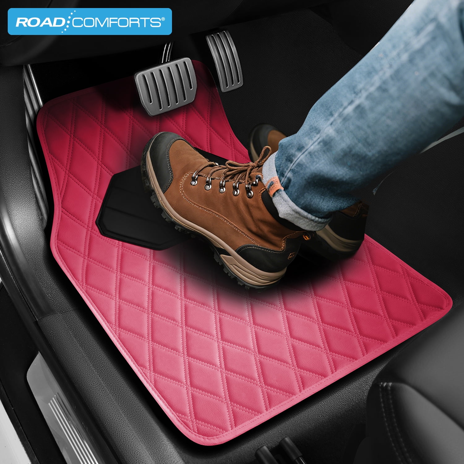 Road Comforts 4PC Leather Quilted Car Floor Mats, Stylish, Durable, Waterproof, Non-Slip, Full Coverage for Cars and SUVs Hot Pink