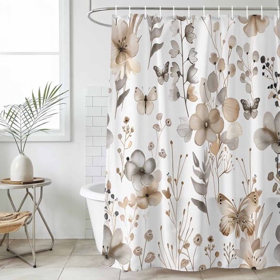 Brown Grey Floral Spring Waterproof Fabric Shower Curtain,Watercolor Botanical Butterfly Waterproof Fabric Shower Curtain for Bathroom Curtains Bathtubs Shower Curtains with 12 Hooks Small 36x78in
