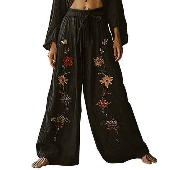 yunLCZ Women's Wide Leg Pants Holiday Style Retro Linen Floral Ethnic Print Casual Pants For Women – Comfortable Relaxed Fit Perfect For Summer Beach And Vacation Wear Business Work Casual Pants
