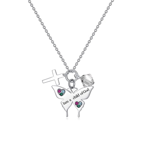 925 Sterling Silver Cross Butterfly Necklace Baptism Communion Birthday Conformation Gifts for Daughter Granddaughter Niece-April Birthstone