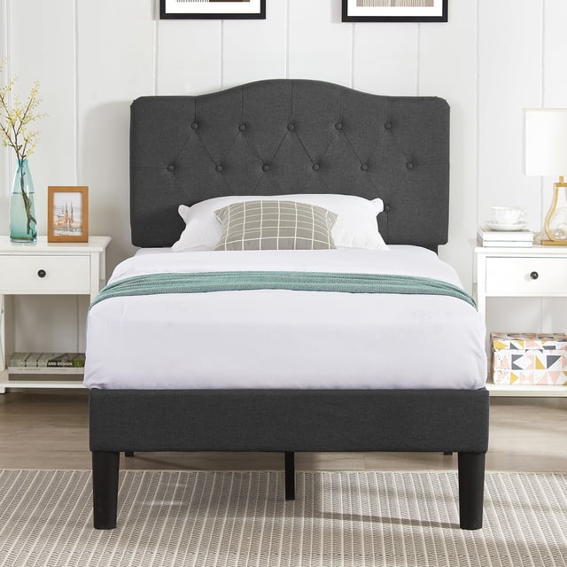 VECELO Twin Upholstered Platform Bed Frame with Tufted Adjustable Headboard, Mattress Foundation/Wood Slat Support, Easy Assembly, Grey