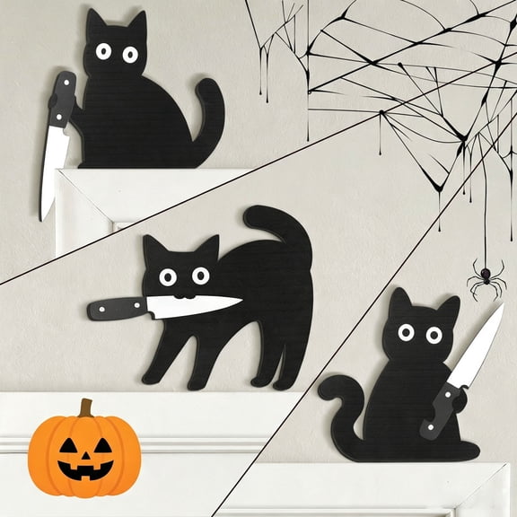 Halloween Wall Decorations 3 Pcs Black Cat Decor Wooden Indoor Halloween Decoration for Door Cornor for Kitchen,Room,Shelf,Door Cover Decoration