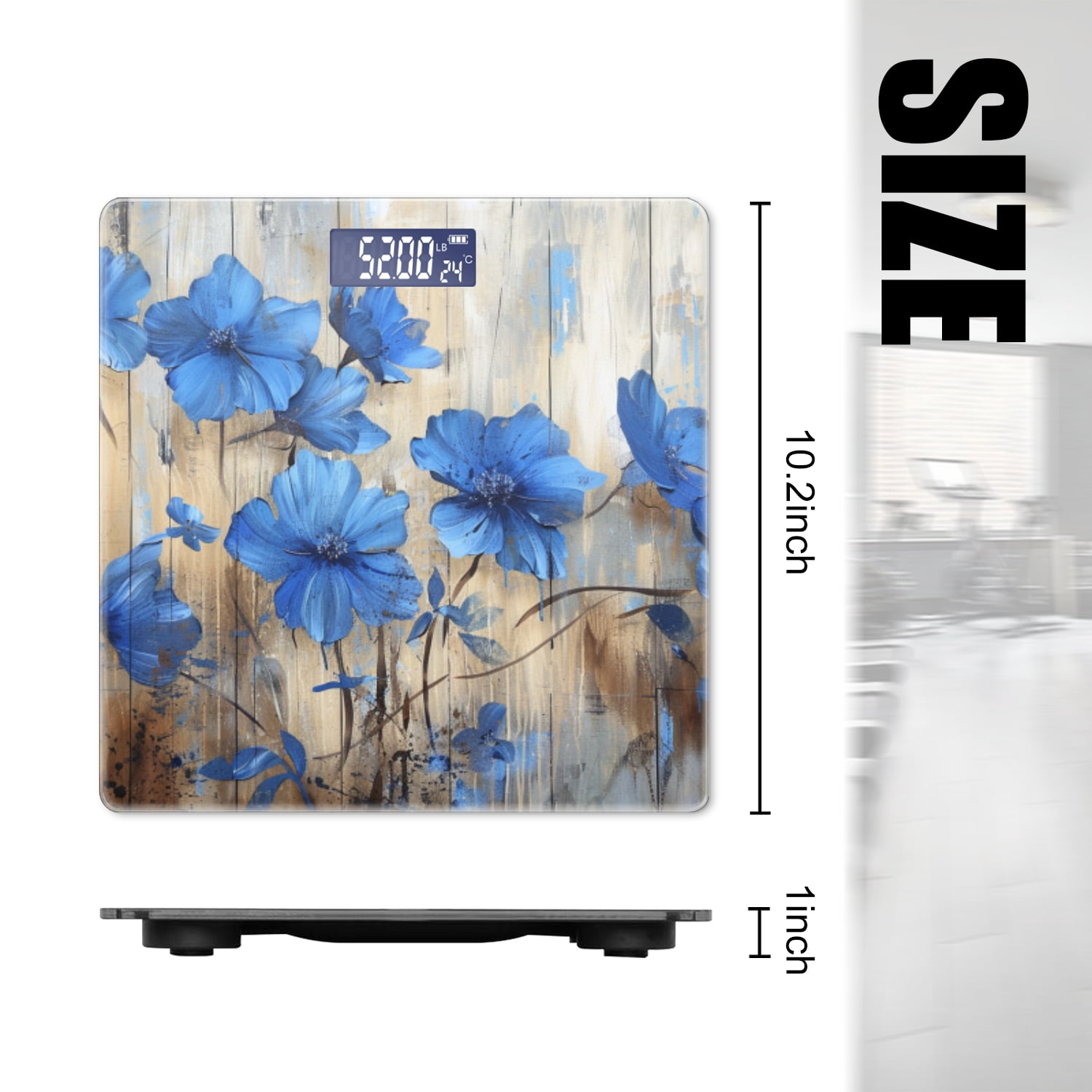 High Precision Body Weight Scale Smart Bathroom Scales with Large LCD Display(400lbs),Decorative for Bedroom-Small Blue Flowers Were Painted On The Old Wooden Board