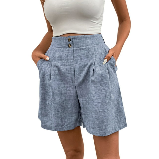 Womens Elastic Waist Wide Leg Shorts, Ruffled Solid Work Shorts with Pockets, Button Front Design for Trendy Look